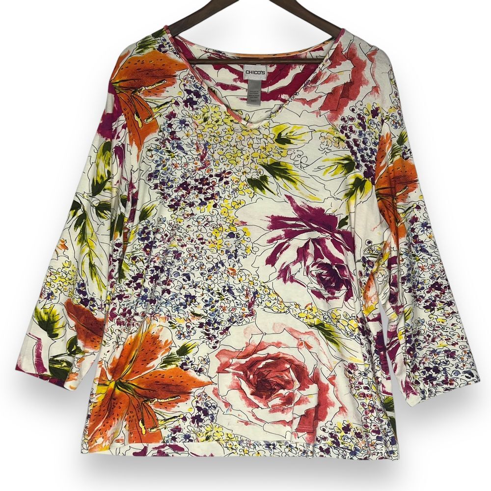 Chico's Blouse Top Soft Stretchy Knit Floral V Neck Artsy Quarter Sleeve 3 Large